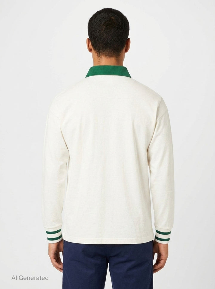 Drôle de Monsieur Slogan Long Sleeve Polo in cream with forest-green contrast collar, striped ribbed cuffs, and 'Not From Paris Madame' chest embroidery - back