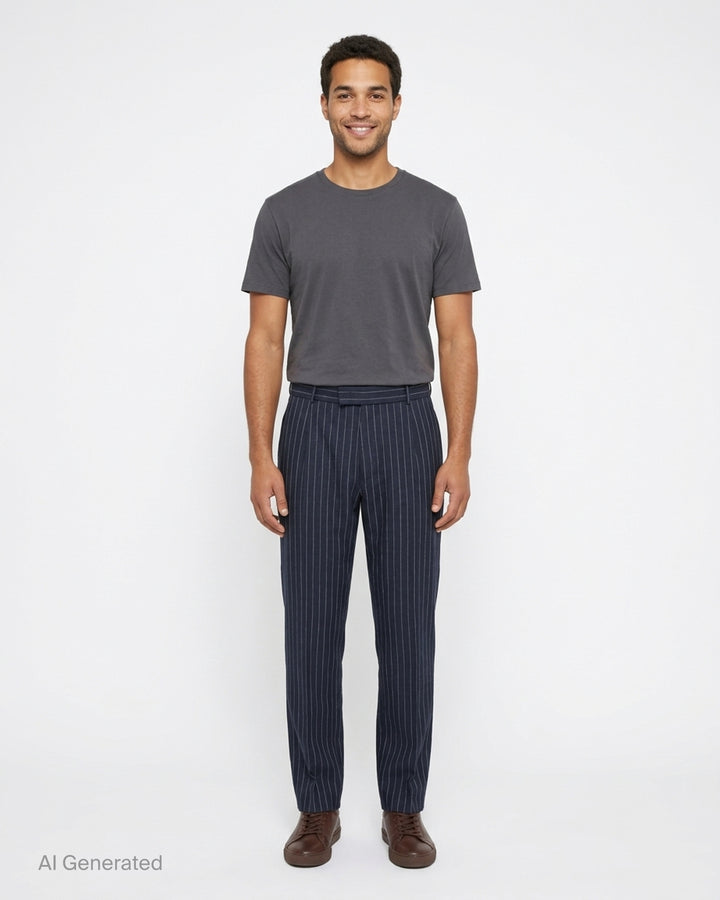 Navy pinstripe single pleat trousers by Drôle de Monsieur, shown front-facing with high waist and tapered leg - front