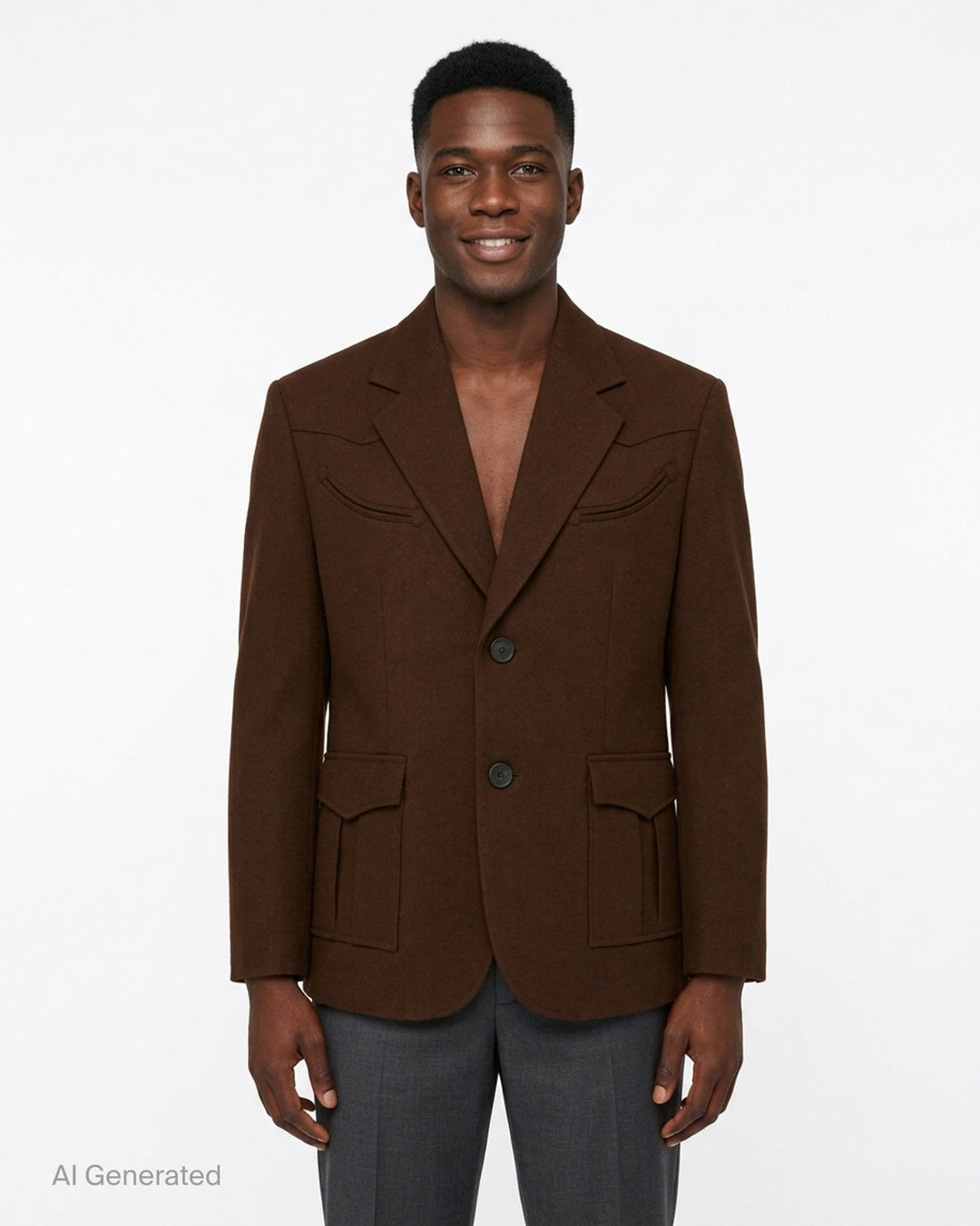 Drôle de Monsieur Western single-breasted jacket in chocolate brown with notched lapels, yoked shoulders, smile chest pockets and flap pockets - front