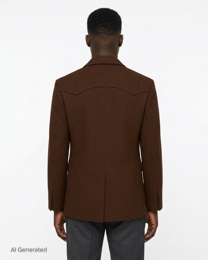 Drôle de Monsieur Western single-breasted jacket in chocolate brown with notched lapels, yoked shoulders, smile chest pockets and flap pockets - back