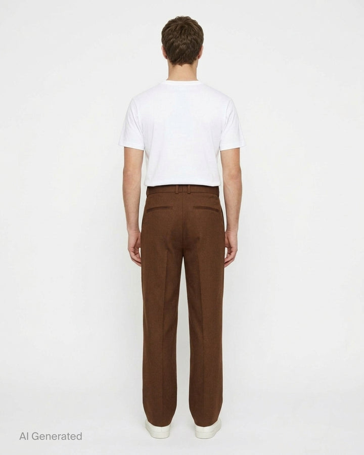 Drôle de Monsieur brown wool twill golfer pants with pleated front, high waistband and straight leg, shown front view - back