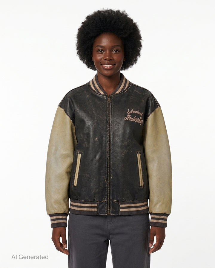 Duran Lantink Duranimal leather bomber jacket in distressed black with sand-coloured sleeves, striped ribbed trims, brass zip and pink script embroidery on the chest - front