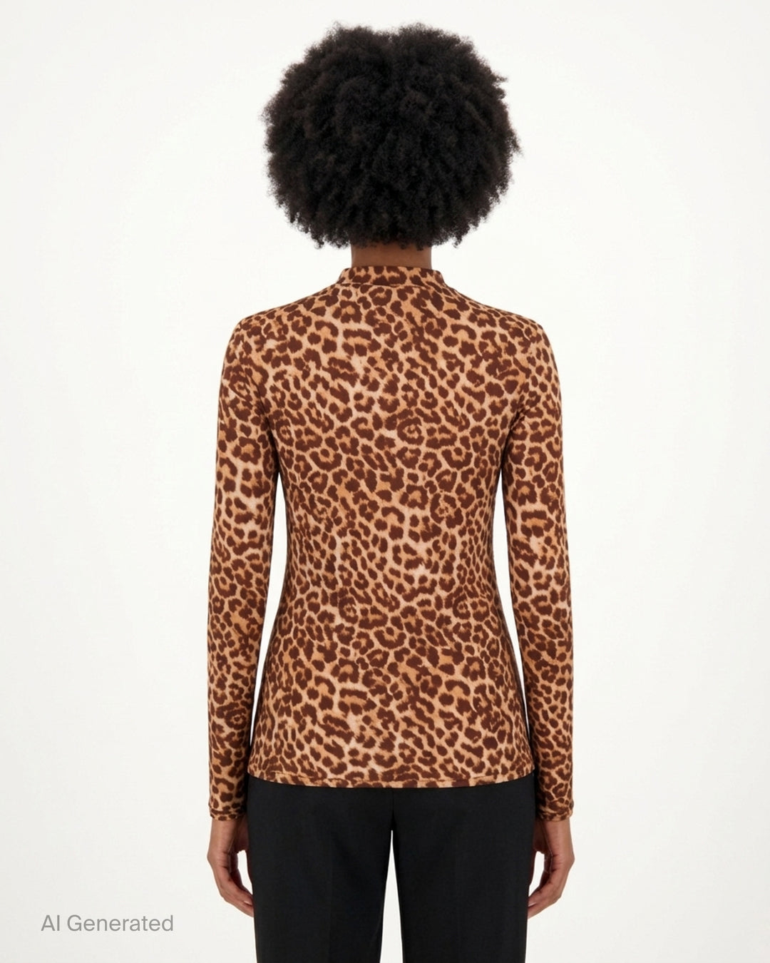 Duran Lantink long sleeve mock neck top in brown and tan leopard print jersey, shown flat from the front - back