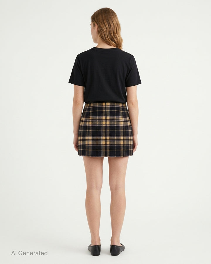 Duran Lantink padded tartan mini skirt in a black, mustard, and olive check pattern, shown flat against a white background - back