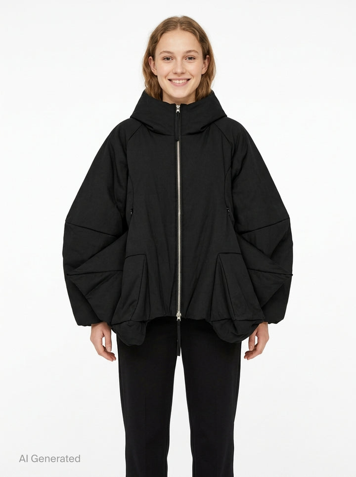 Enfold 3D Hem Hooded Coat in black, featuring a voluminous balloon hem, padded sculptural sleeves, full-length silver zip closure, and attached hood, displayed flat on a white background - front