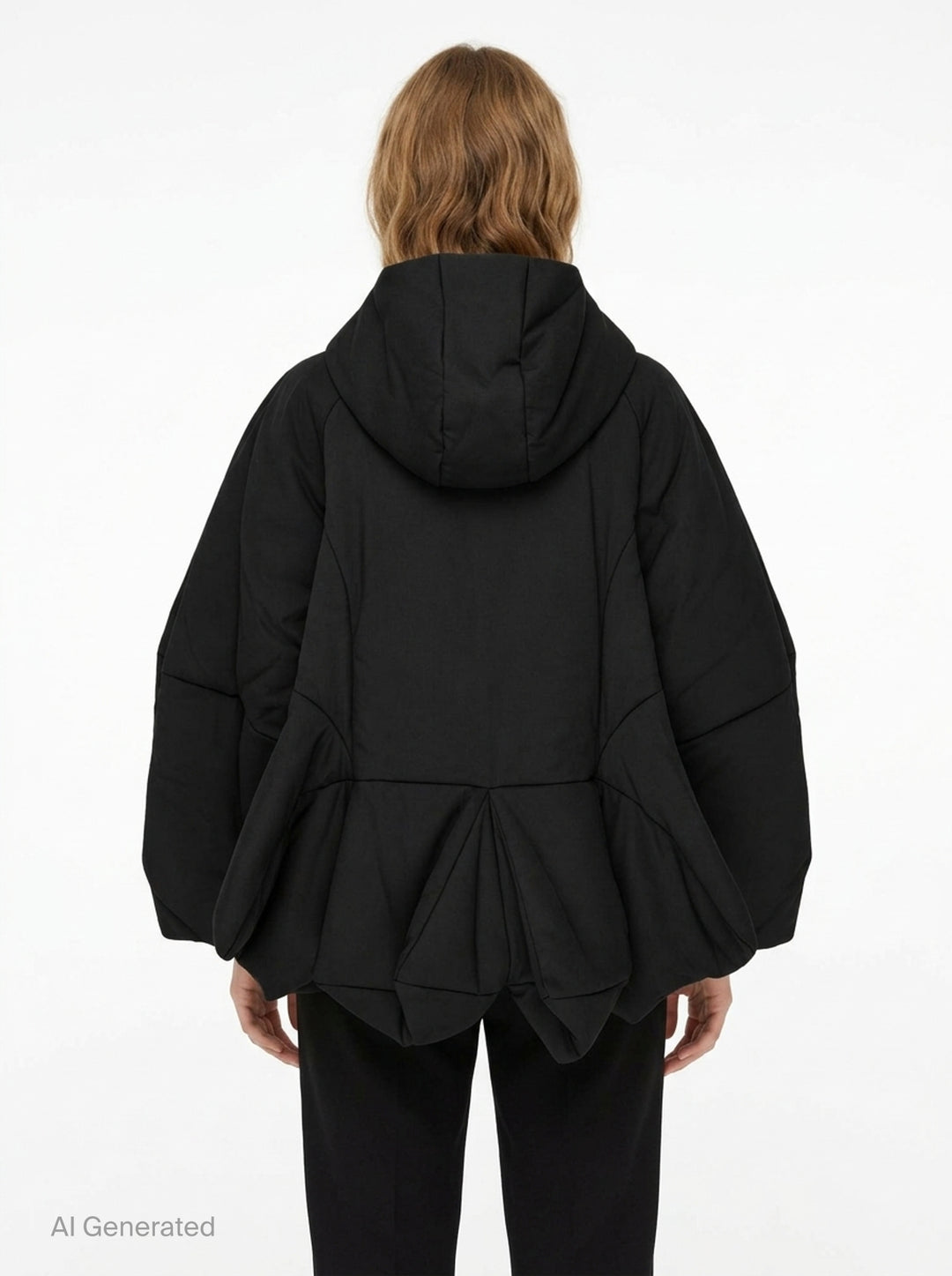 Enfold 3D Hem Hooded Coat in black, featuring a voluminous balloon hem, padded sculptural sleeves, full-length silver zip closure, and attached hood, displayed flat on a white background - back