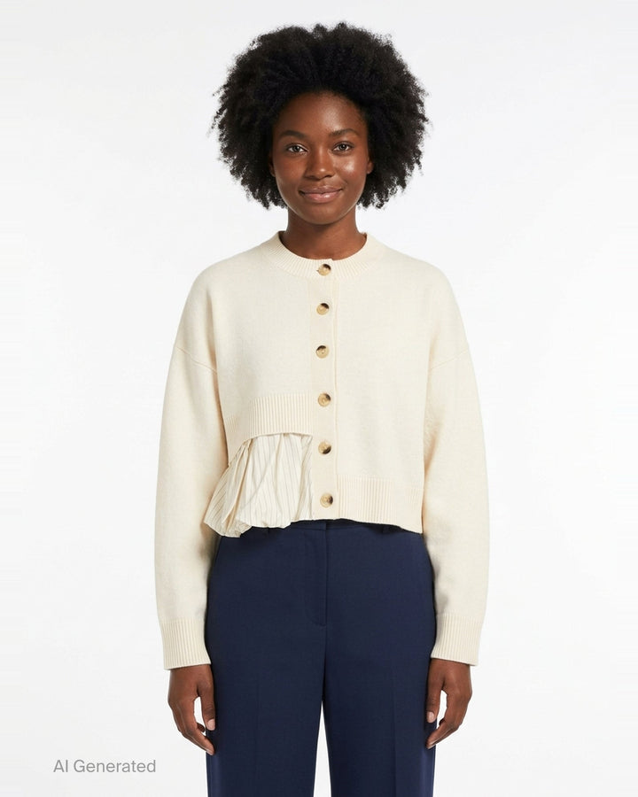 Enfold Balloon Hem Cardigan in heathered grey knit with mother-of-pearl button front closure and asymmetric crushed velvet gathered panel at the hem - front