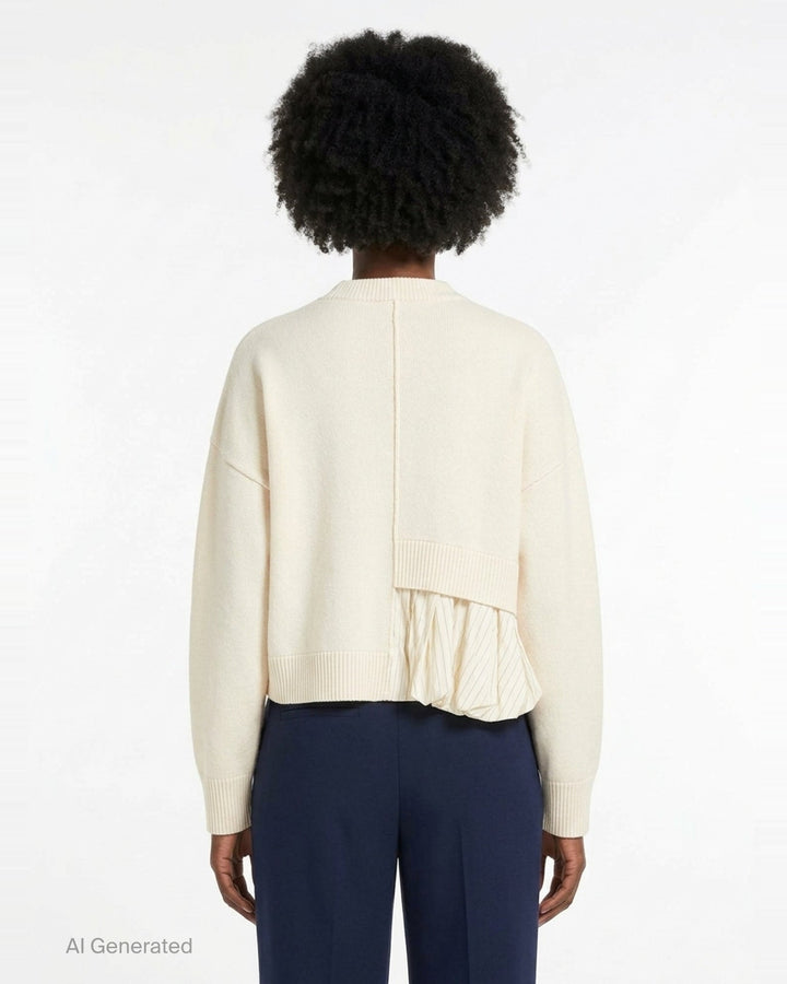 Enfold Balloon Hem Cardigan in heathered grey knit with mother-of-pearl button front closure and asymmetric crushed velvet gathered panel at the hem - back