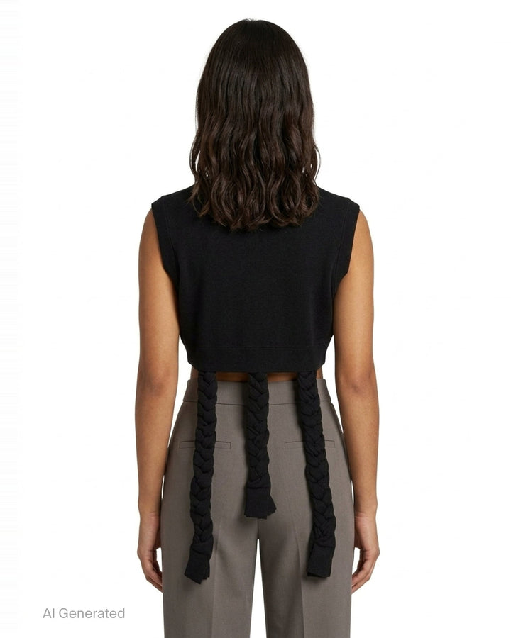 Enfold black ribbed knit cropped sleeveless vest with three braided fabric rope extensions hanging from the deconstructed hem, displayed flat on a white background - back