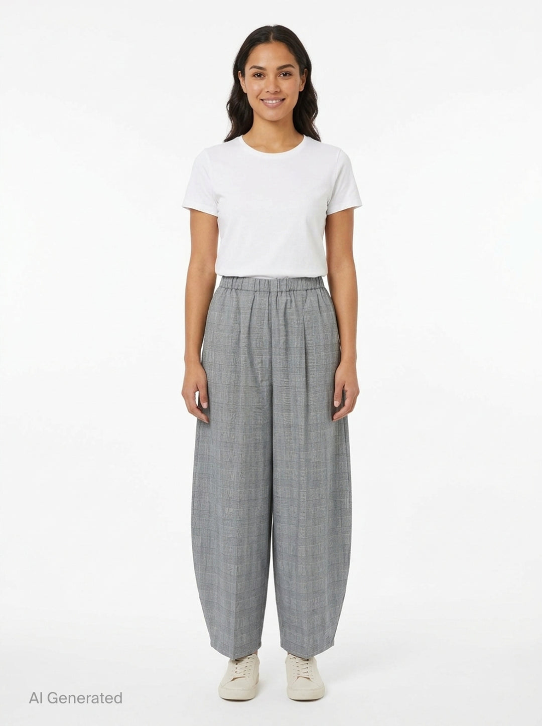 Enfold Checked Cocoon Pants in grey glen plaid with elasticated waistband, exaggerated wide-leg silhouette, and tapered hem — front view on white background - front