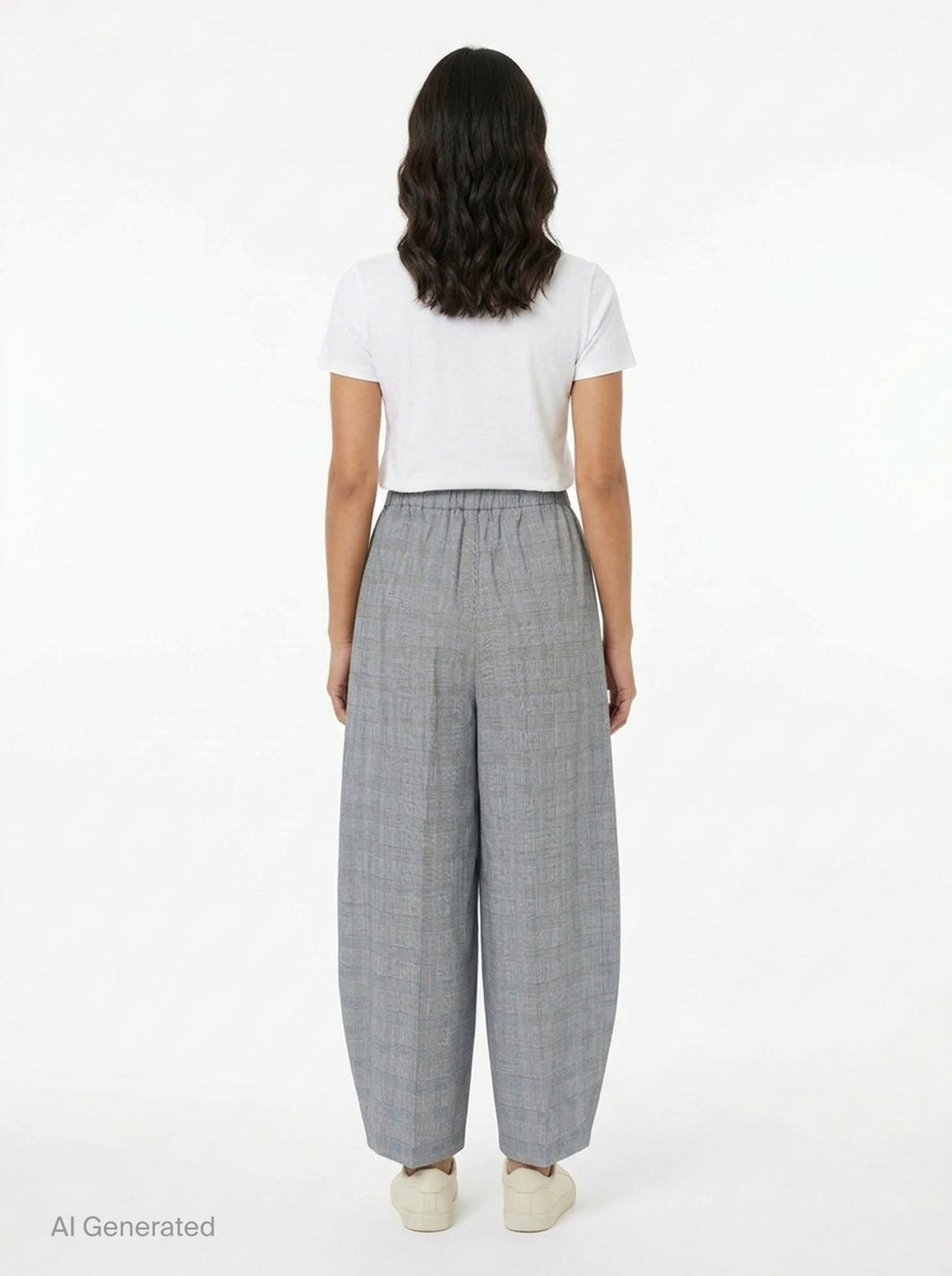 Enfold Checked Cocoon Pants in grey glen plaid with elasticated waistband, exaggerated wide-leg silhouette, and tapered hem — front view on white background - back