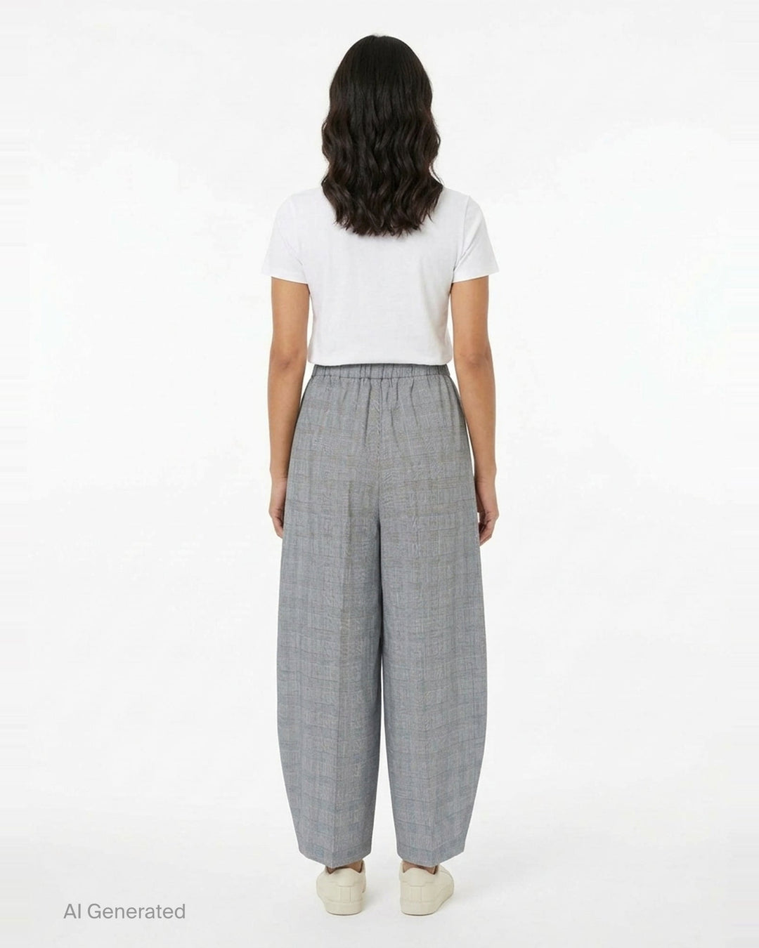 Enfold Checked Cocoon Pants in grey glen plaid with elasticated waistband, exaggerated wide-leg silhouette, and tapered hem — front view on white background - back