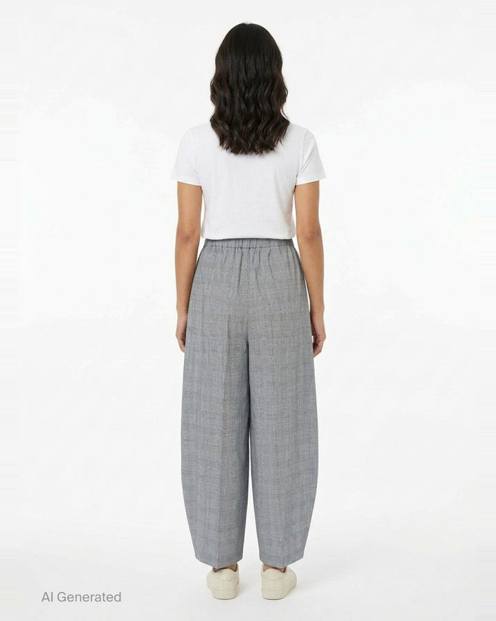 Enfold Checked Cocoon Pants in grey glen plaid with elasticated waistband, exaggerated wide-leg silhouette, and tapered hem — front view on white background - back