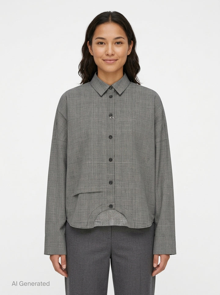 Enfold Checked Symmetry Cropped Shirt in grey glen plaid with a relaxed fit, button-front placket, and a curved structured hem panel - front