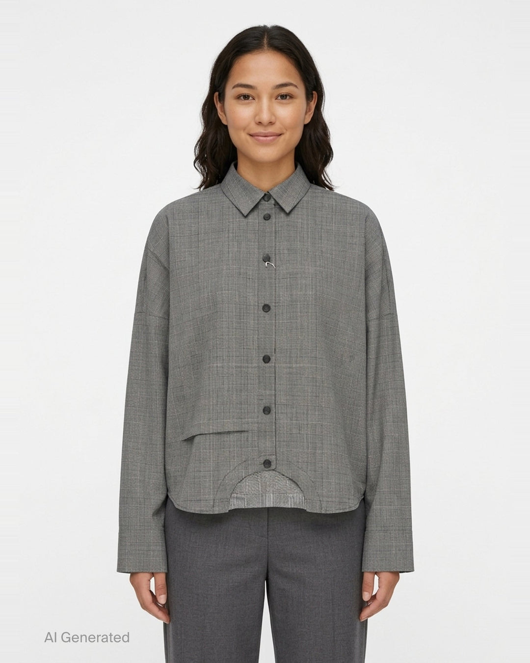 Enfold Checked Symmetry Cropped Shirt in grey glen plaid with a relaxed fit, button-front placket, and a curved structured hem panel - front