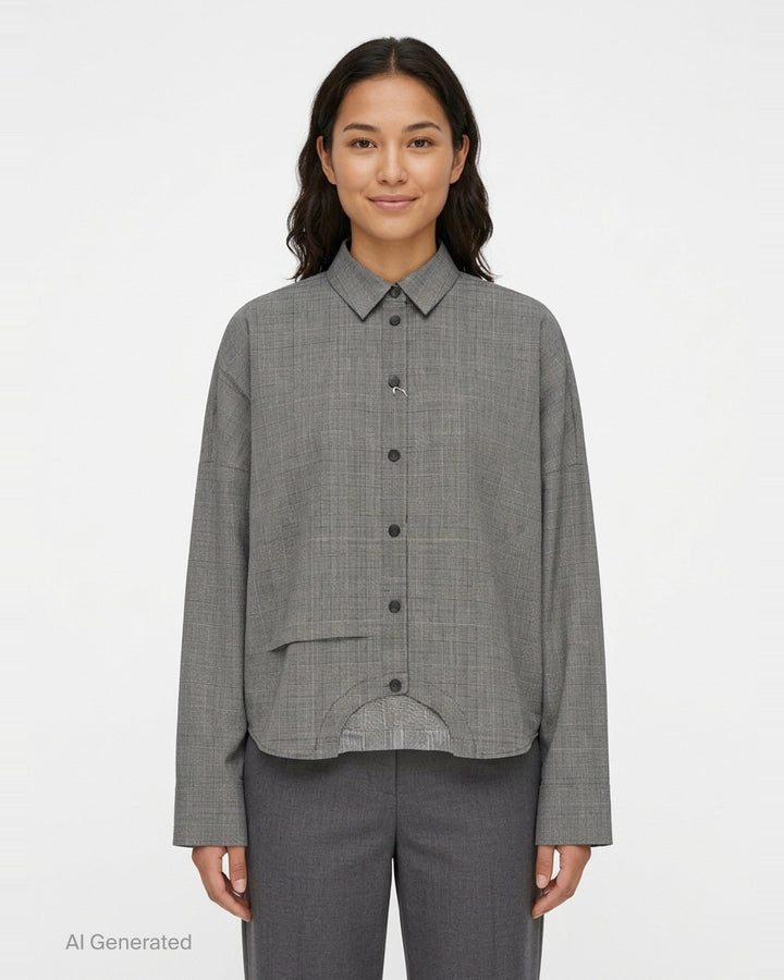 Enfold Checked Symmetry Cropped Shirt in grey glen plaid with a relaxed fit, button-front placket, and a curved structured hem panel - front