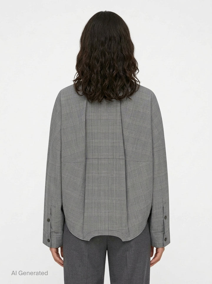 Enfold Checked Symmetry Cropped Shirt in grey glen plaid with a relaxed fit, button-front placket, and a curved structured hem panel - back