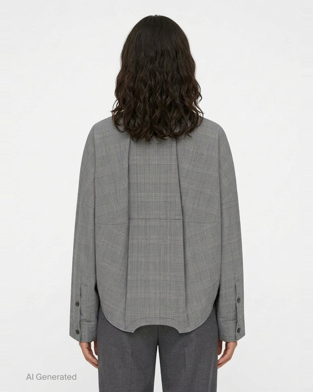 Enfold Checked Symmetry Cropped Shirt in grey glen plaid with a relaxed fit, button-front placket, and a curved structured hem panel - back
