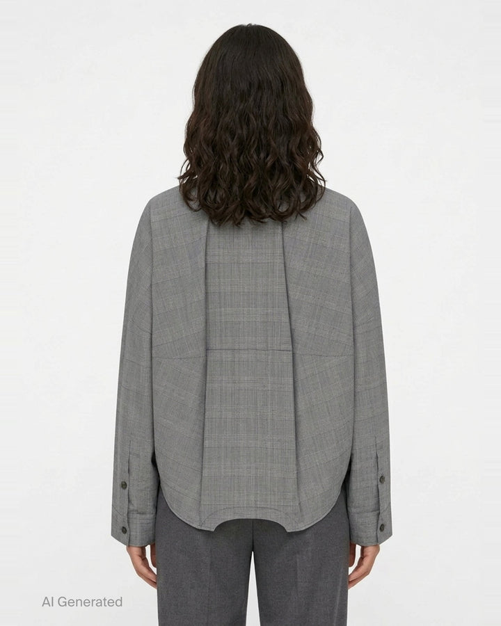 Enfold Checked Symmetry Cropped Shirt in grey glen plaid with a relaxed fit, button-front placket, and a curved structured hem panel - back