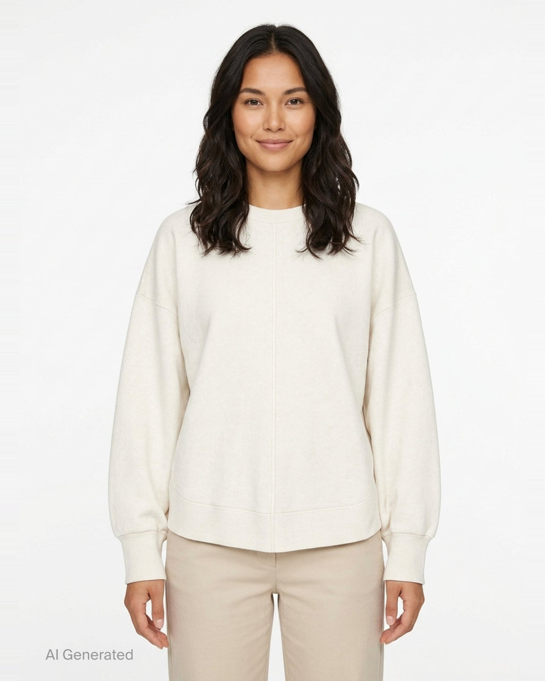 Enfold Circle Hem Pullover Sweatshirt in ivory with oversized silhouette, tonal seam detailing, ribbed cuffs and crewneck with woven brand label - front