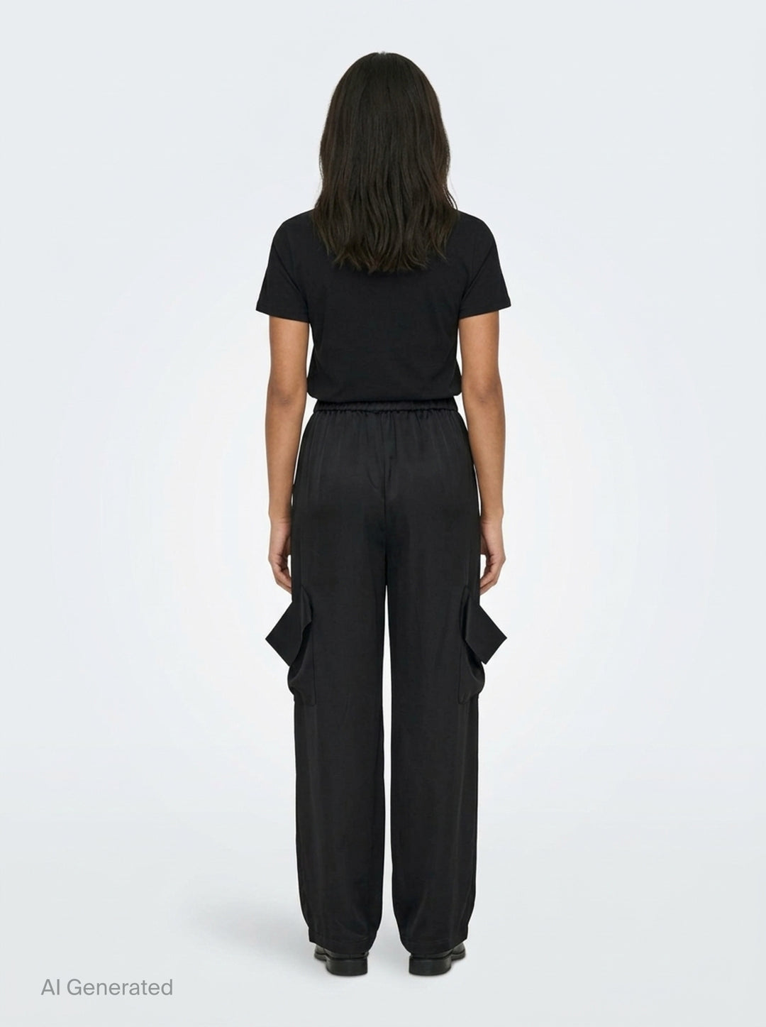 Enfold Draped Pocket Pants in black — wide-leg trousers with sculptural draped hip pockets and elasticated waistband, front view - back