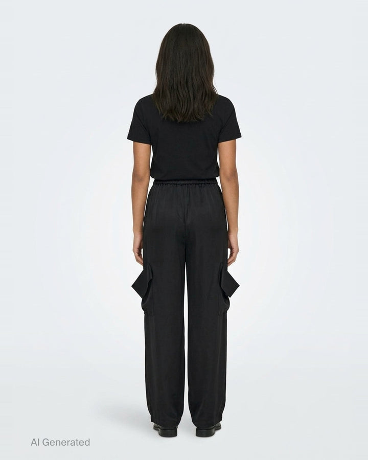 Enfold Draped Pocket Pants in black — wide-leg trousers with sculptural draped hip pockets and elasticated waistband, front view - back