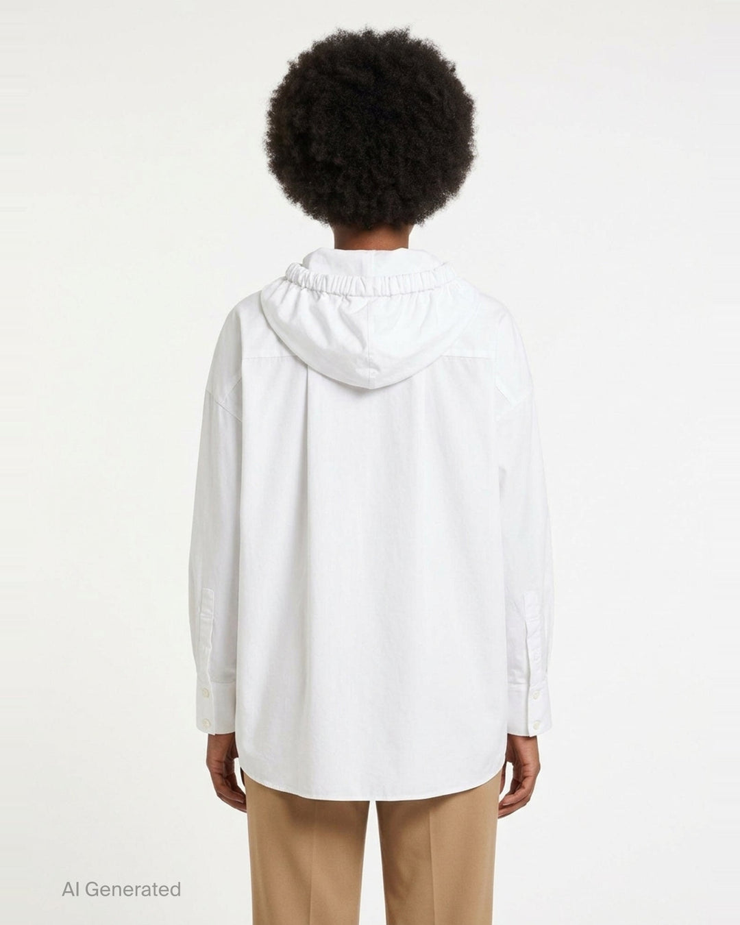 Enfold white oversized hooded button-up shirt with elasticated gathered hood, tonal buttons, long drawstring ties, and a single chest patch pocket - back