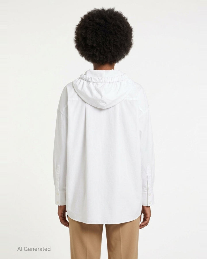 Enfold white oversized hooded button-up shirt with elasticated gathered hood, tonal buttons, long drawstring ties, and a single chest patch pocket - back