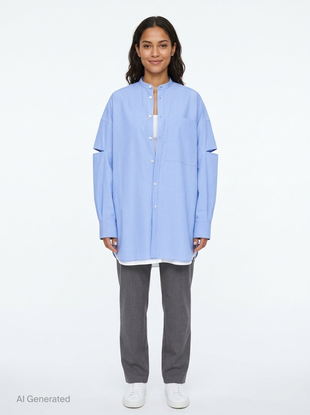 Enfold pale blue pinstripe oversized shirt with deconstructed cut-out sleeves, mandarin collar, white button placket, and a contrast white underlayer at the hem - front