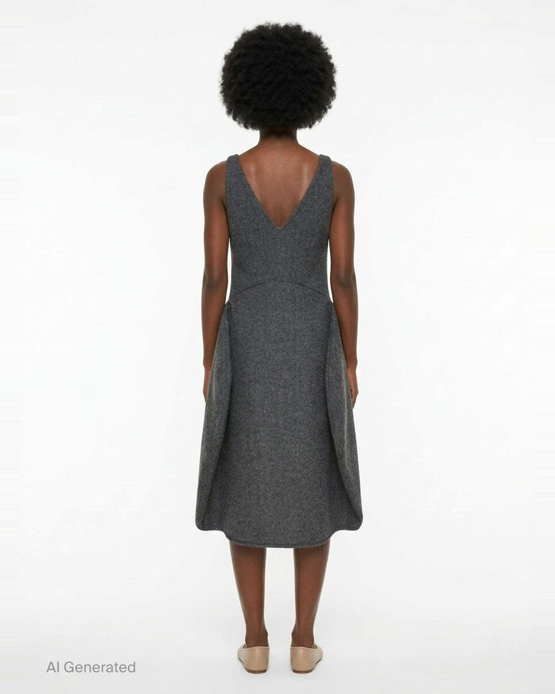 Enfold Sculpted Hem Dress in dark grey heathered wool-blend, featuring a deep V-neckline, broad shoulder straps, empire seam, and A-line silhouette with a flared hem — flat lay on white background - back