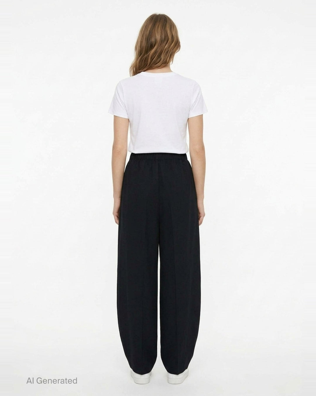 Enfold Straight Cocoon Pants in black — voluminous wide-leg silhouette with gathered elasticated waistband and tapered hem, front view on white background - back