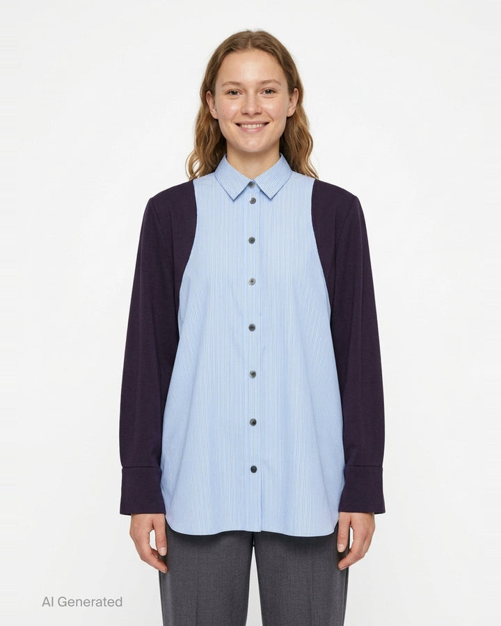 Enfold striped colorblock shirt with blue pinstripe body and deep plum long sleeves, featuring gunmetal buttons and wide contrast cuffs, on a white background - front