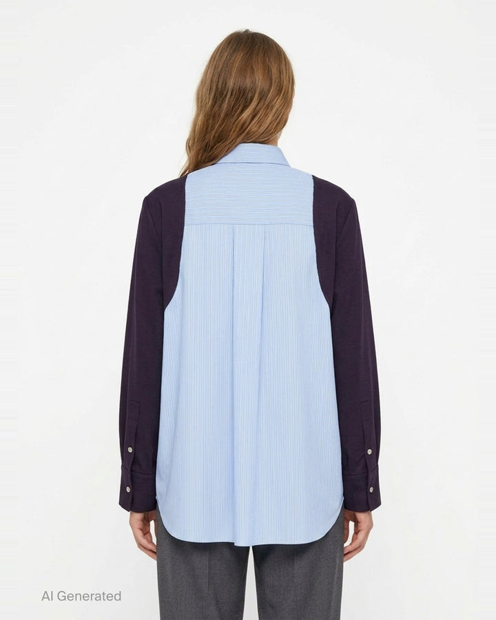 Enfold striped colorblock shirt with blue pinstripe body and deep plum long sleeves, featuring gunmetal buttons and wide contrast cuffs, on a white background - back