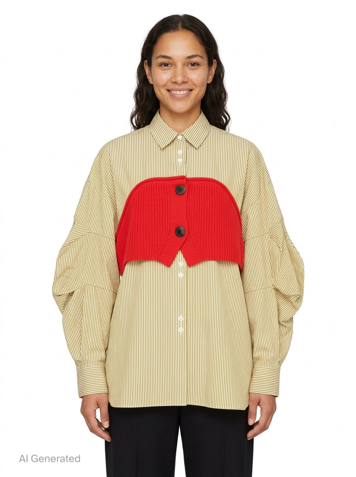 Enfold Striped Knitted Docking Shirt in yellow and white stripes with an attached red ribbed knit bolero overlay, dark horn buttons, and voluminous gathered sleeves, front view on white background - front