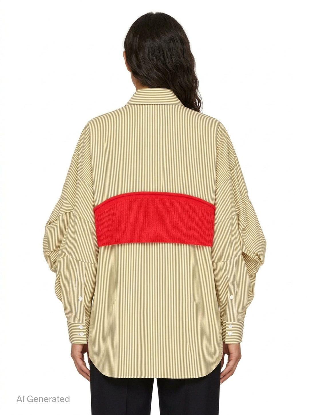 Enfold Striped Knitted Docking Shirt in yellow and white stripes with an attached red ribbed knit bolero overlay, dark horn buttons, and voluminous gathered sleeves, front view on white background - back