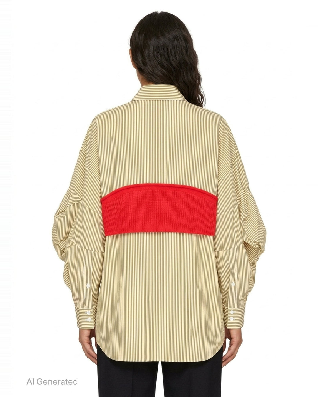 Enfold Striped Knitted Docking Shirt in yellow and white stripes with an attached red ribbed knit bolero overlay, dark horn buttons, and voluminous gathered sleeves, front view on white background - back