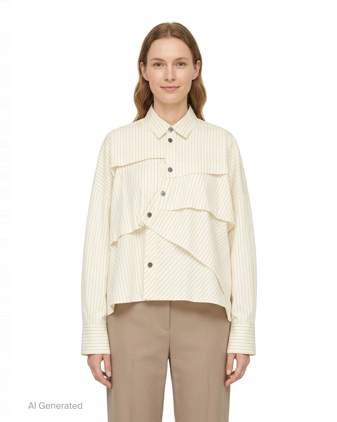 Enfold Striped Wide Tucked Shirt in cream pinstripe fabric, featuring asymmetric layered tuck panels across the front, a point collar, gunmetal buttons, and wide cuffed long sleeves - front