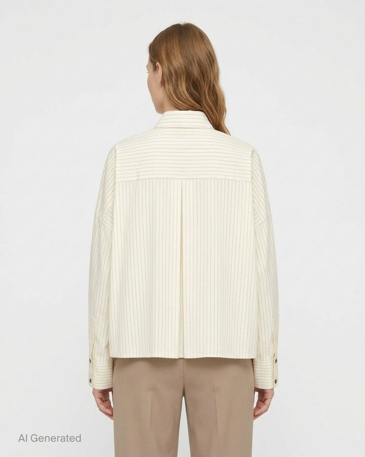 Enfold Striped Wide Tucked Shirt in cream pinstripe fabric, featuring asymmetric layered tuck panels across the front, a point collar, gunmetal buttons, and wide cuffed long sleeves - back