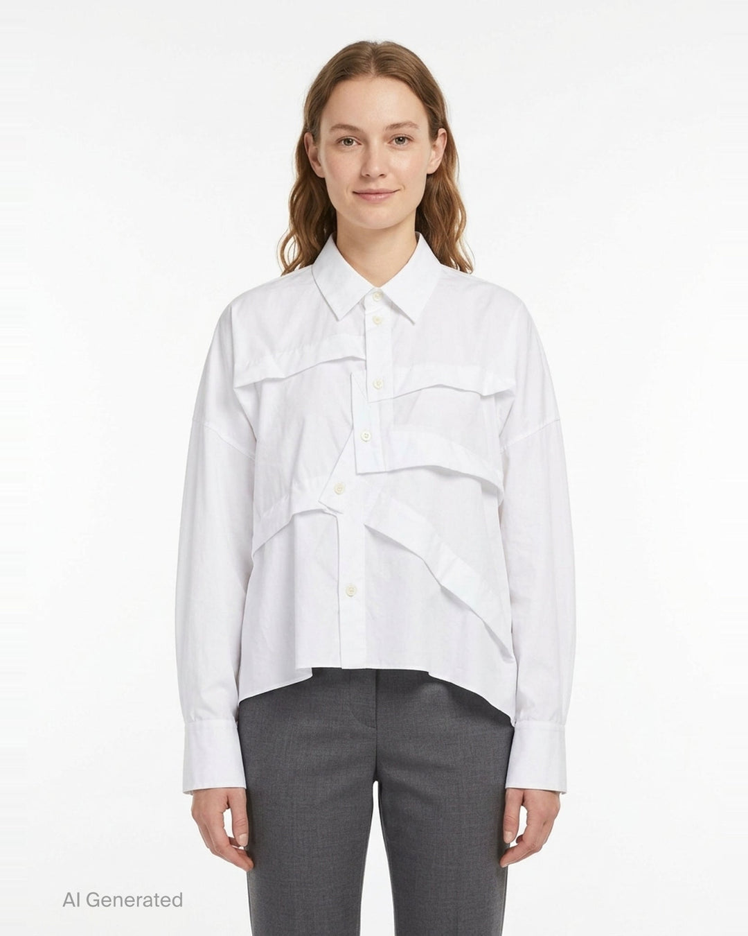 Enfold Wide Tucked Ruffle Shirt in white with cascading asymmetric ruffle panels across the front, point collar, and long sleeves with buttoned cuffs - front