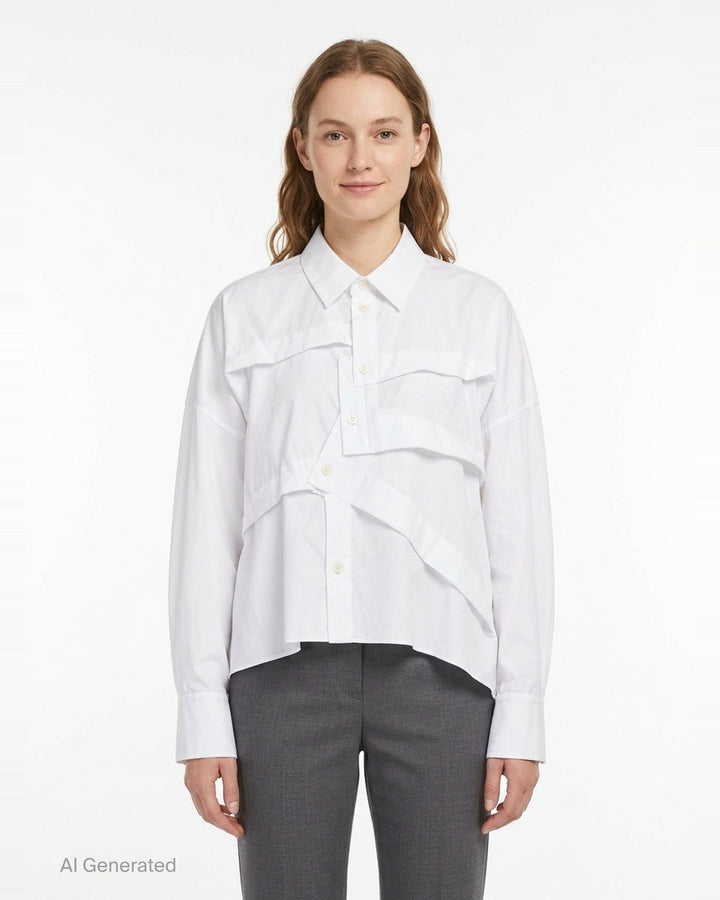 Enfold Wide Tucked Ruffle Shirt in white with cascading asymmetric ruffle panels across the front, point collar, and long sleeves with buttoned cuffs - front