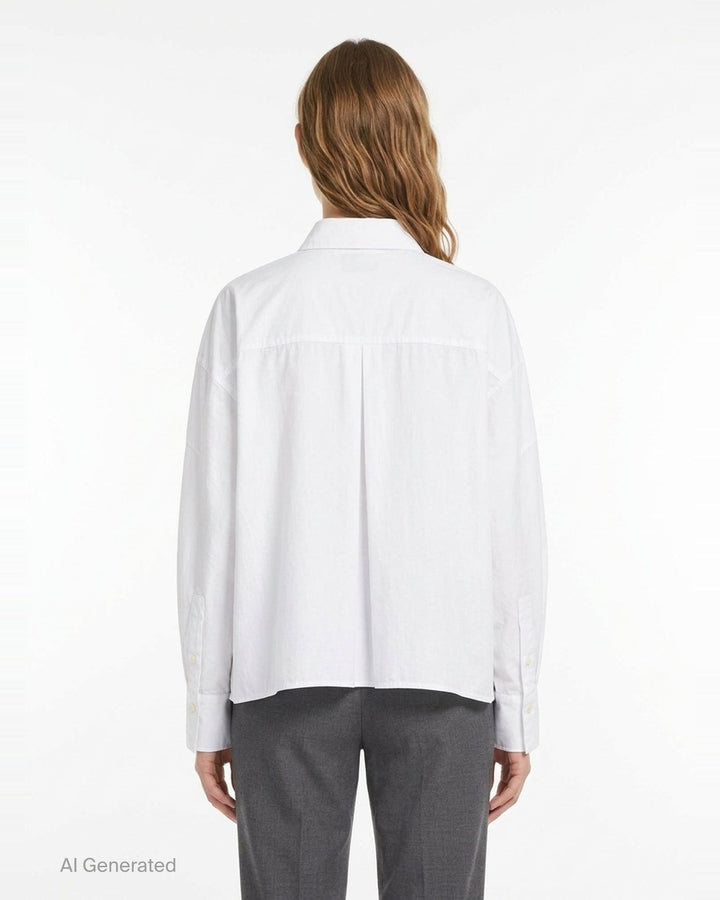 Enfold Wide Tucked Ruffle Shirt in white with cascading asymmetric ruffle panels across the front, point collar, and long sleeves with buttoned cuffs - back