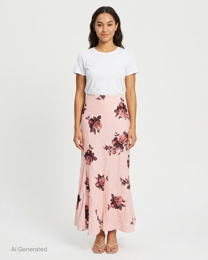 Erdem pink crushed satin midi skirt with all-over burgundy and coral rose print and draped flared hem - front