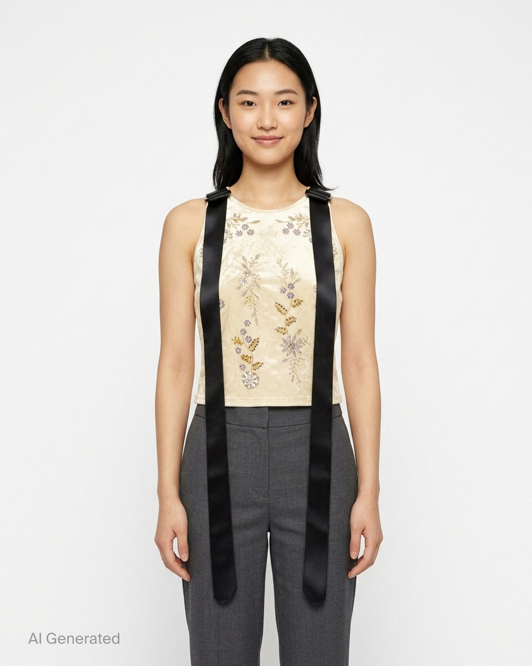 Erdem cream satin sleeveless top with floral crystal embellishment and long black satin ribbon straps at the shoulders - front