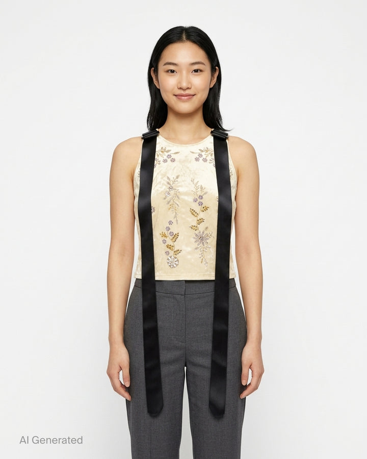 Erdem cream satin sleeveless top with floral crystal embellishment and long black satin ribbon straps at the shoulders - front