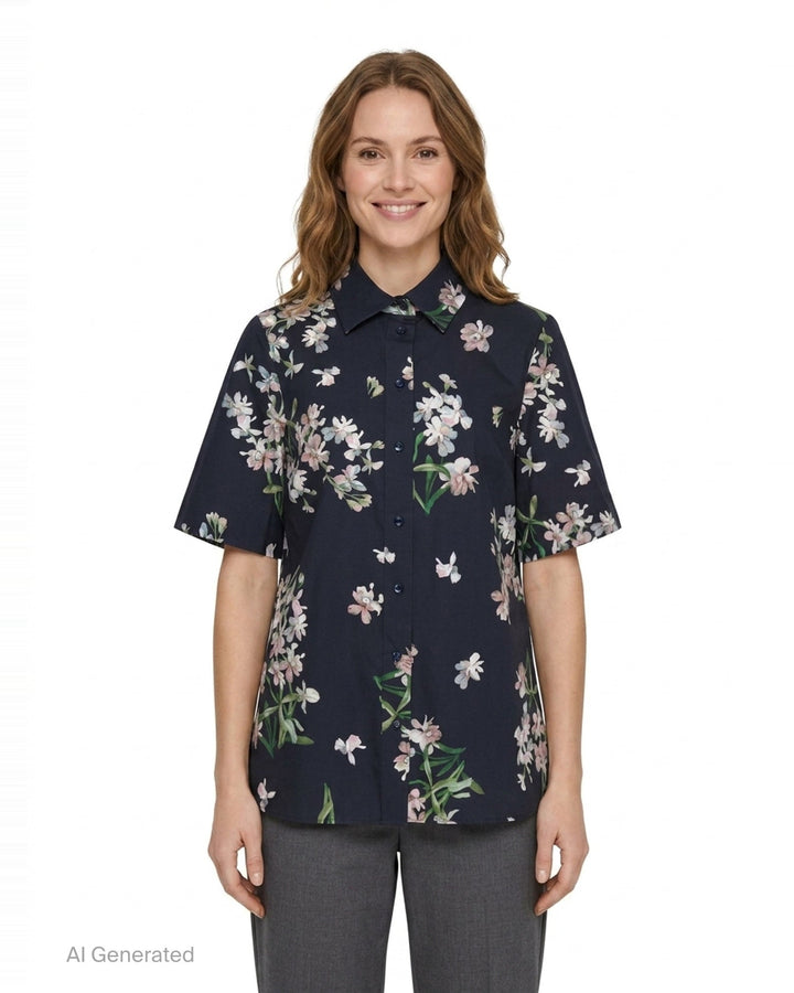 Floral Cotton Short Sleeve Shirt | Erdem | Club21 - front