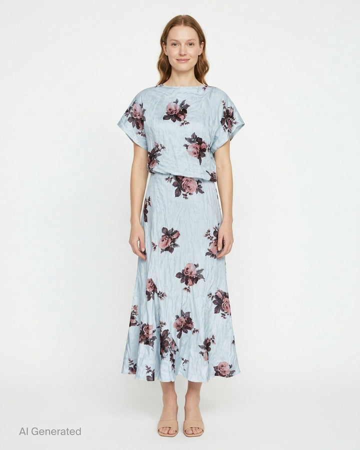 Erdem short sleeve midi dress in pale blue crinkled fabric with a pink and burgundy rose print, blouson bodice and flared hem - front