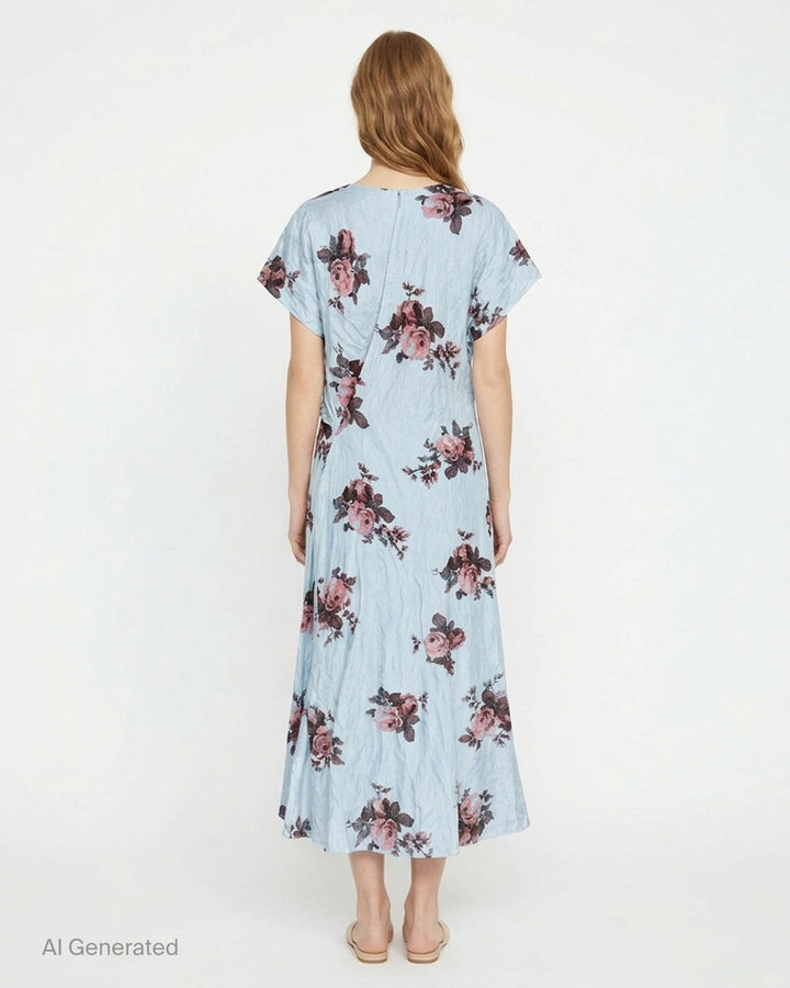 Erdem short sleeve midi dress in pale blue crinkled fabric with a pink and burgundy rose print, blouson bodice and flared hem - back
