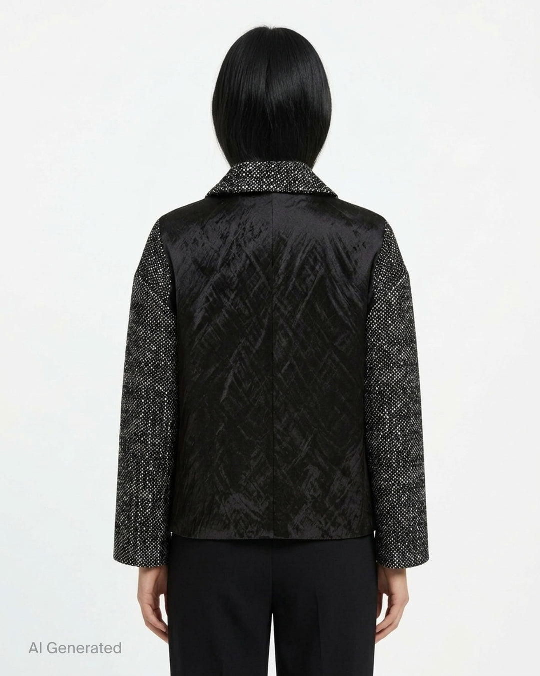 Erdem cropped jacket in salt-and-pepper wool tweed with notched lapels, three black buttons, flap pockets and a black botanical appliqué on the front - back