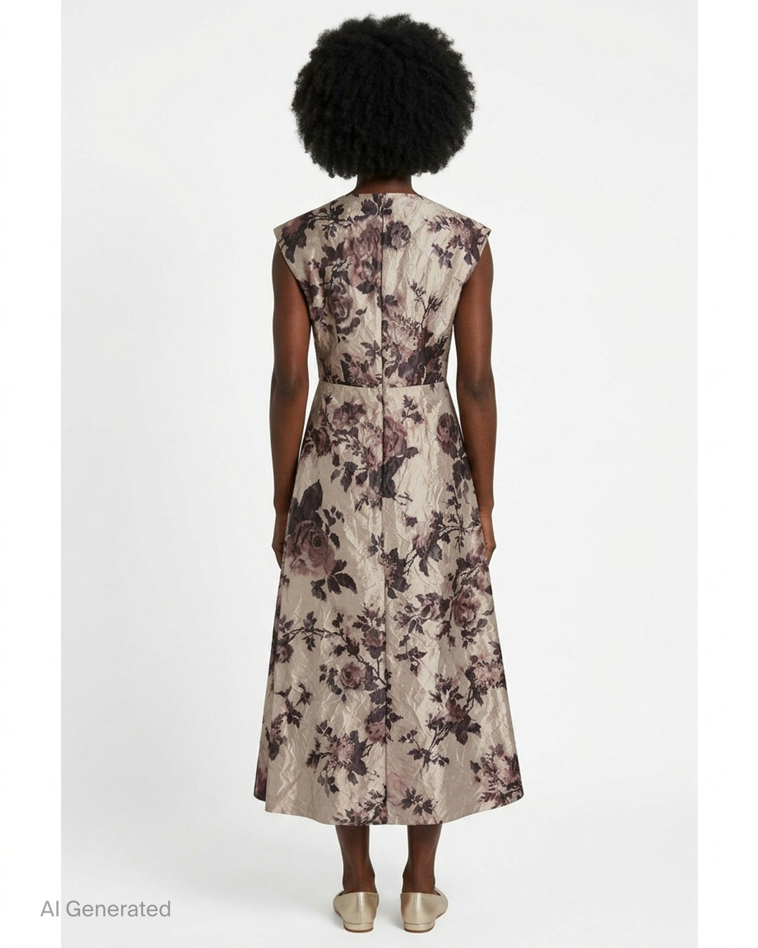 Erdem textured satin midi dress with a muted rose print, draped neckline, cap sleeves and cascading side drape - back