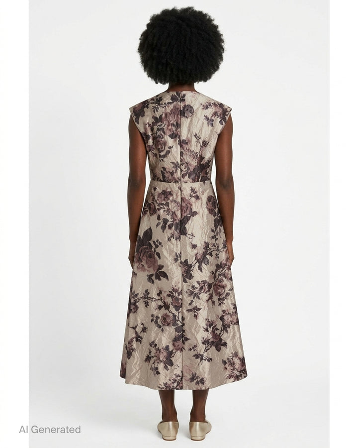 Erdem textured satin midi dress with a muted rose print, draped neckline, cap sleeves and cascading side drape - back